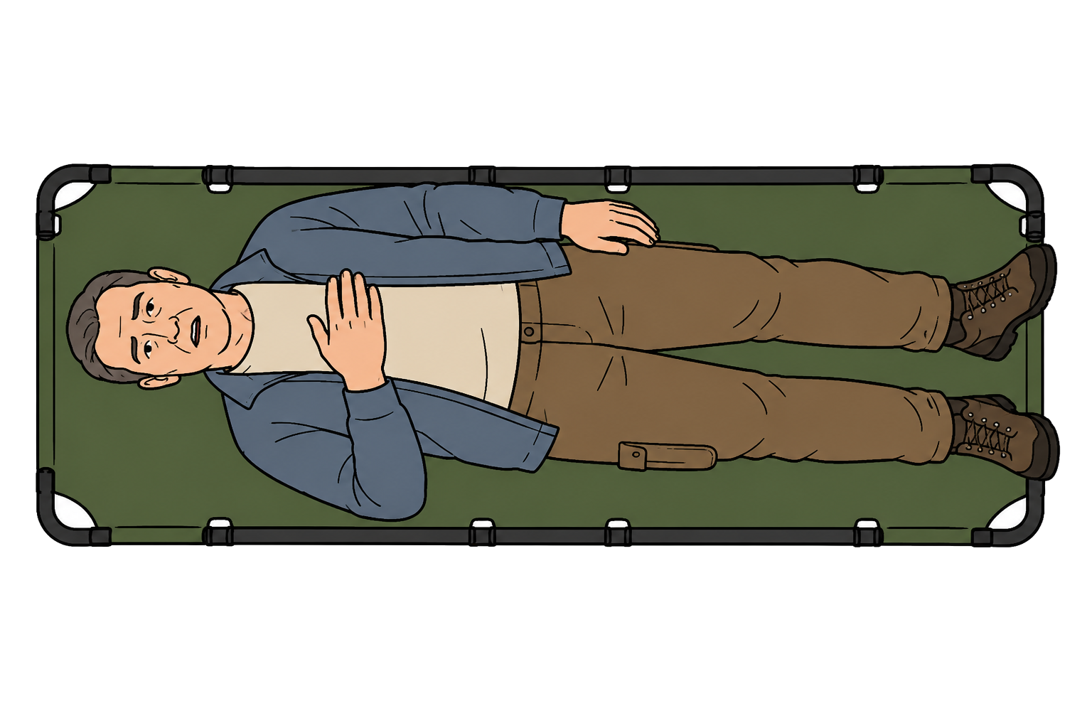 Scenario card: older patient with chest discomfort on a litter, hand on chest