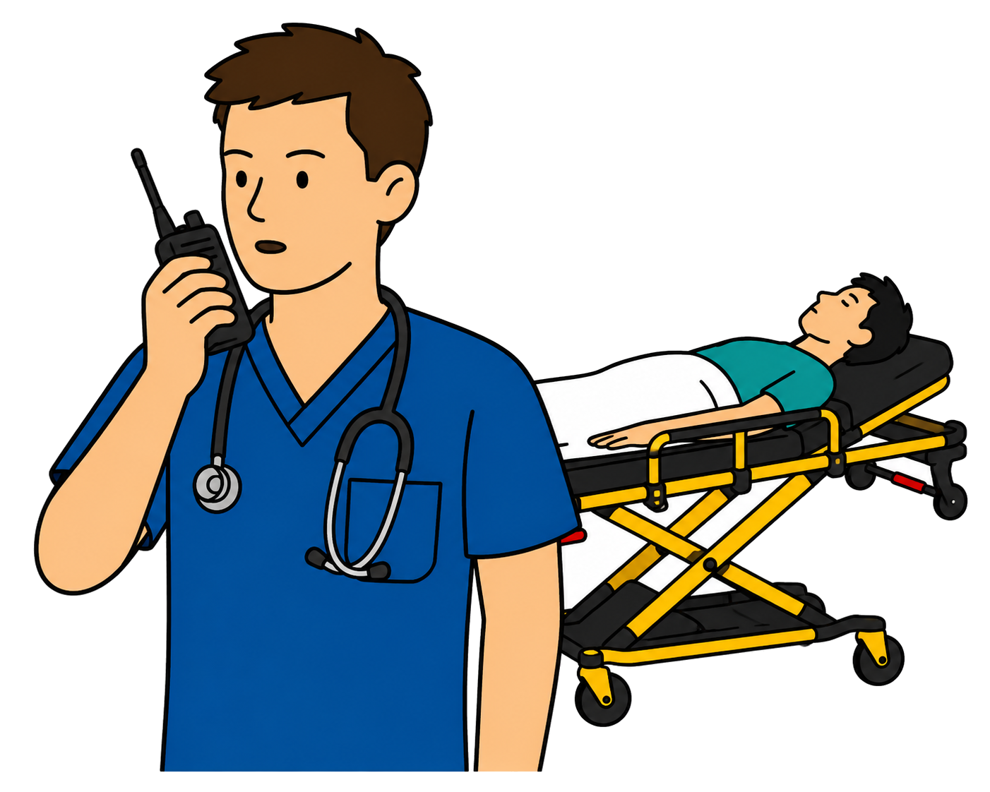 Reach-back card: clinician giving a radio handover with a patient on a cot behind