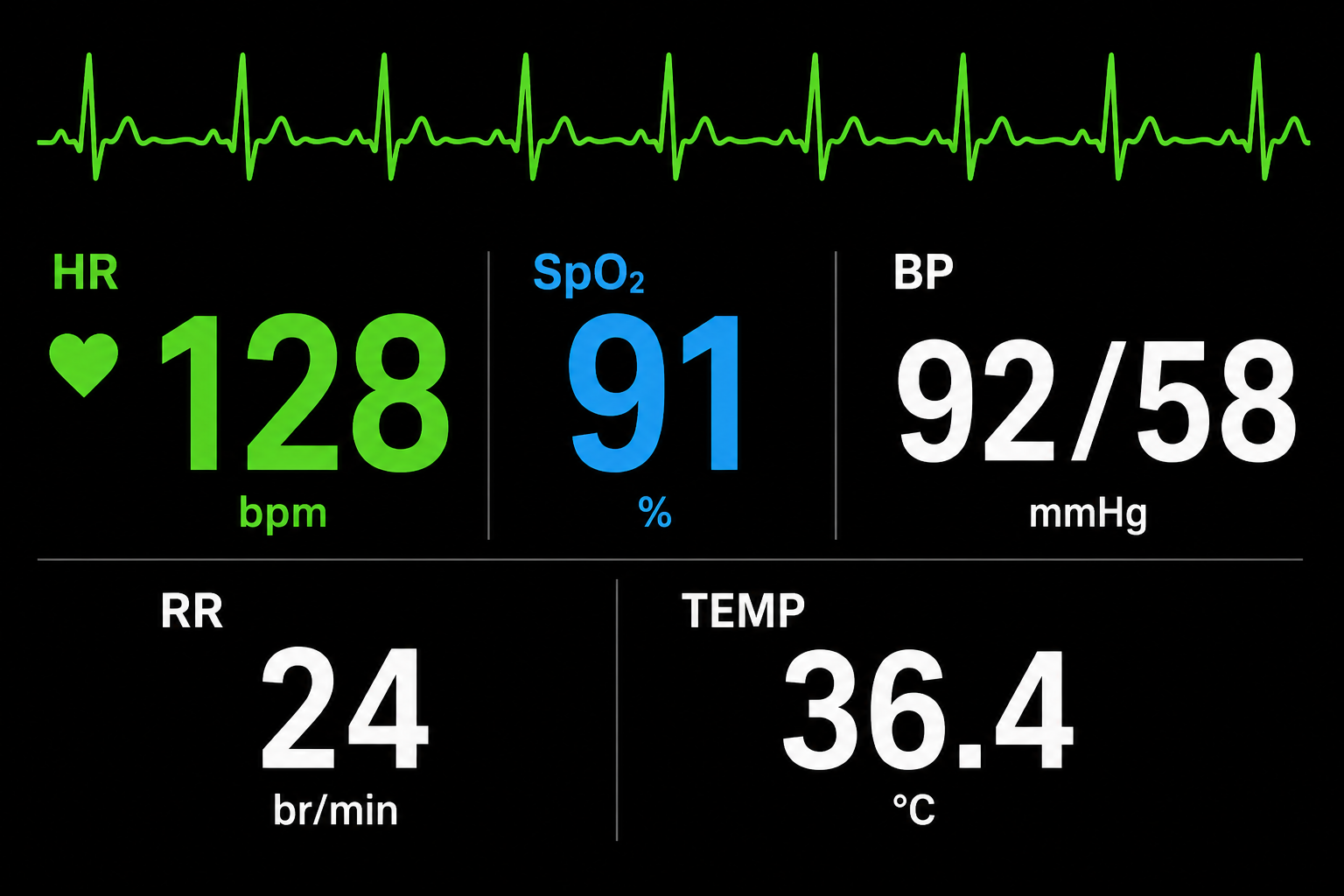 Vital-signs monitor card: HR 128, SpO2 91, BP 92/58, RR 24, Temp 36.4