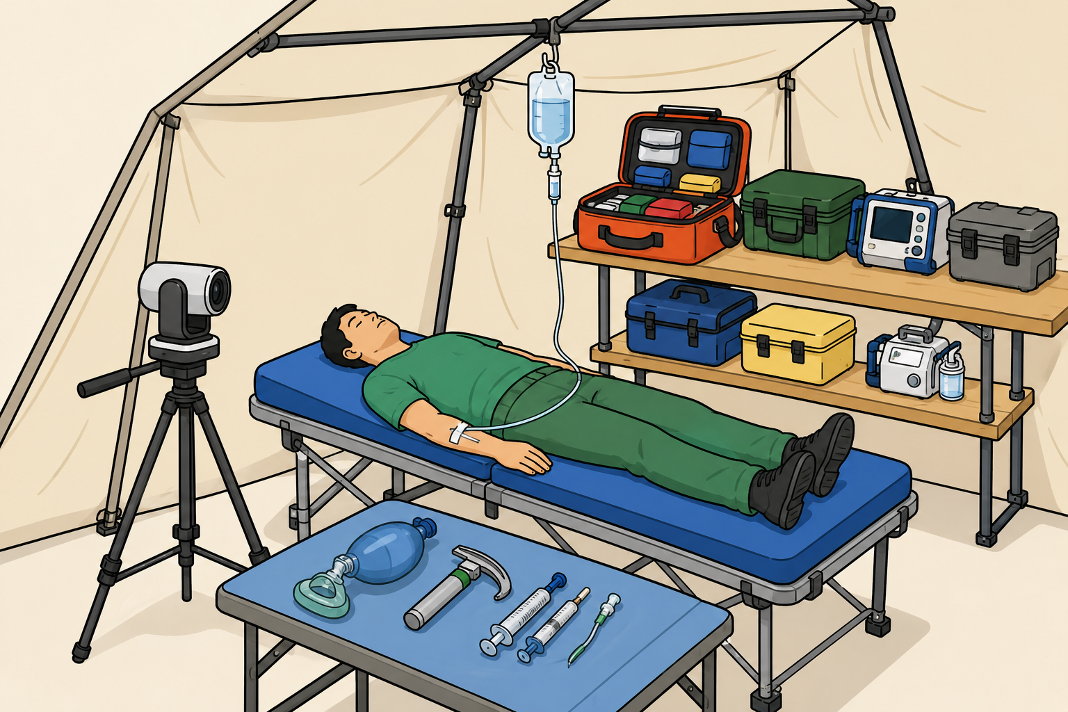 Example aid-station bay: patient on a treatment table, hanging IV, tripod camera, equipment shelf